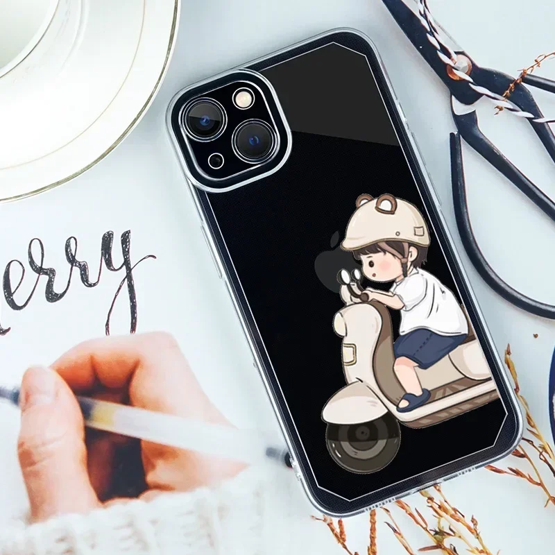 Driving Motorcycle Clear Couple Lovers Phone Case For iPhone 16 13 15 11 12 14 Pro XS 13Mini XR 7 15 Plus SE Paired Cover Fundas