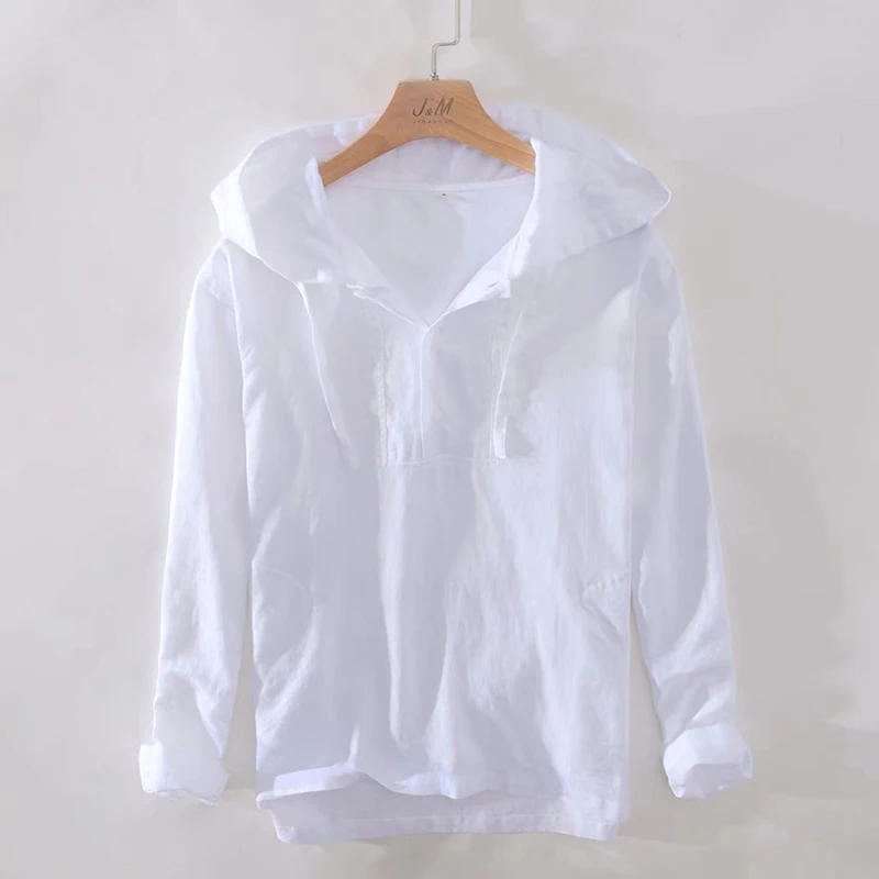 

Men's Japanese Style Linen Cotton Hoodie Spring Autumn Thin Casual Loose Breathable Solid Color Long Sleeve Pullover Tops
