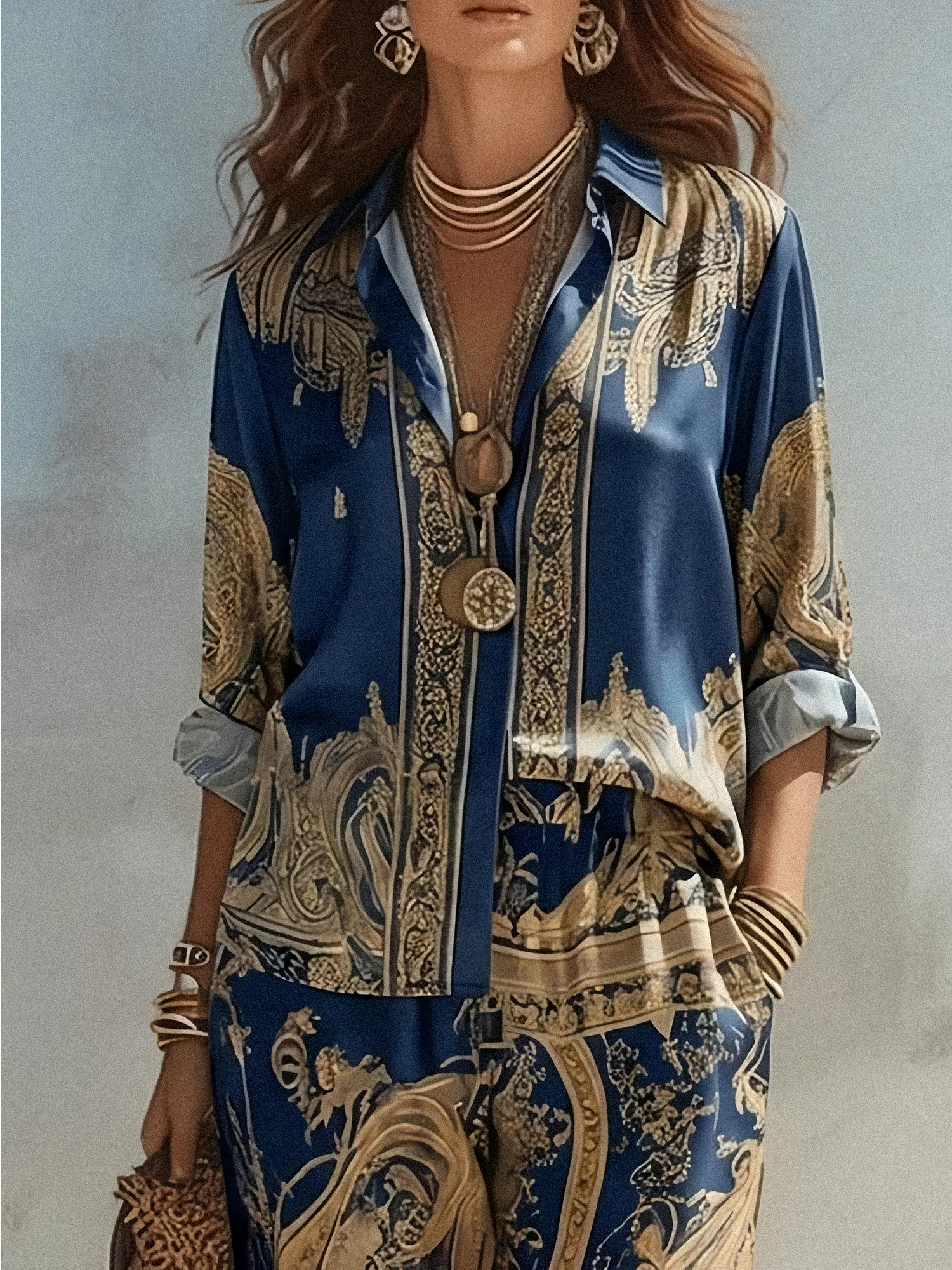 Luxury Blue Gold Paisley Baroque Print 2 Piece Matching Set Women Long Sleeve Loose Shirt Wide Leg Trousers Vacation Suit