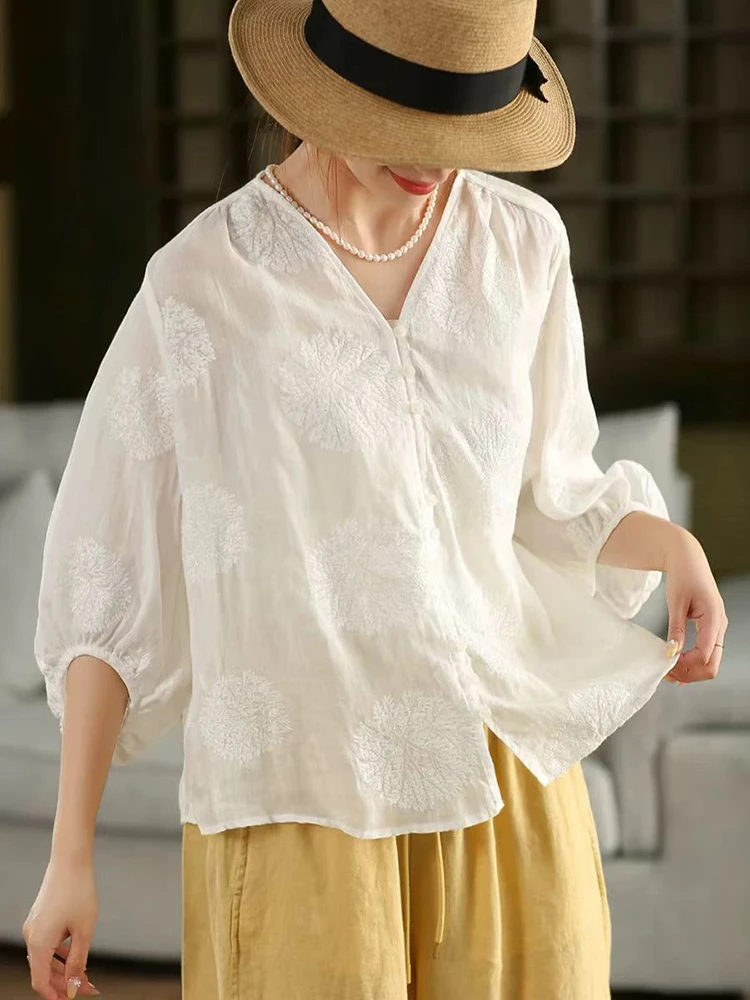 100% Ramie Frauen Casual Shirt Neue Ankunft 2025 Sommer Vintage Stil V-ausschnitt Floral Stickerei Lose Weibliche Tops Shirts M1691