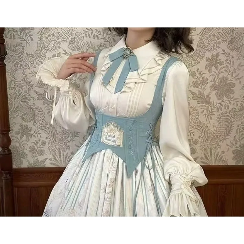 Sweet Lolita Frill Shirt Women Vintage Long Gigot Sleeve Crop Tops With Bow Lapel Ruffle Collar