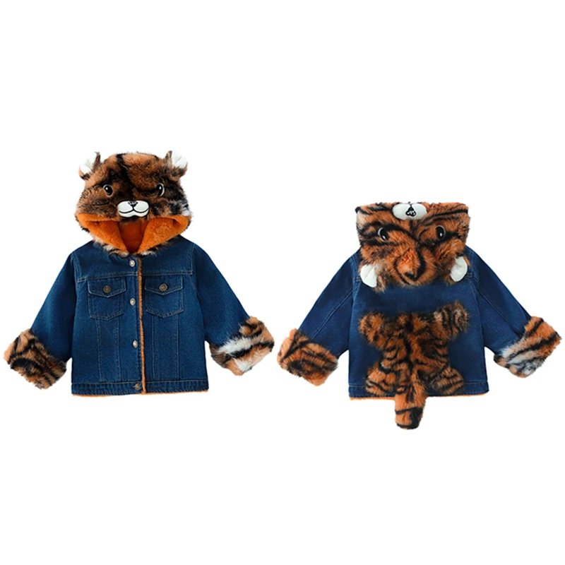 لطيف نمط الطفل الشتاء النمر الدنيم سترة مع غطاء محرك السيارة للطفل صبي الفتيات جميل صوف مبطن معطف الطفل الملابس الدافئة الدافئة 2-9Y