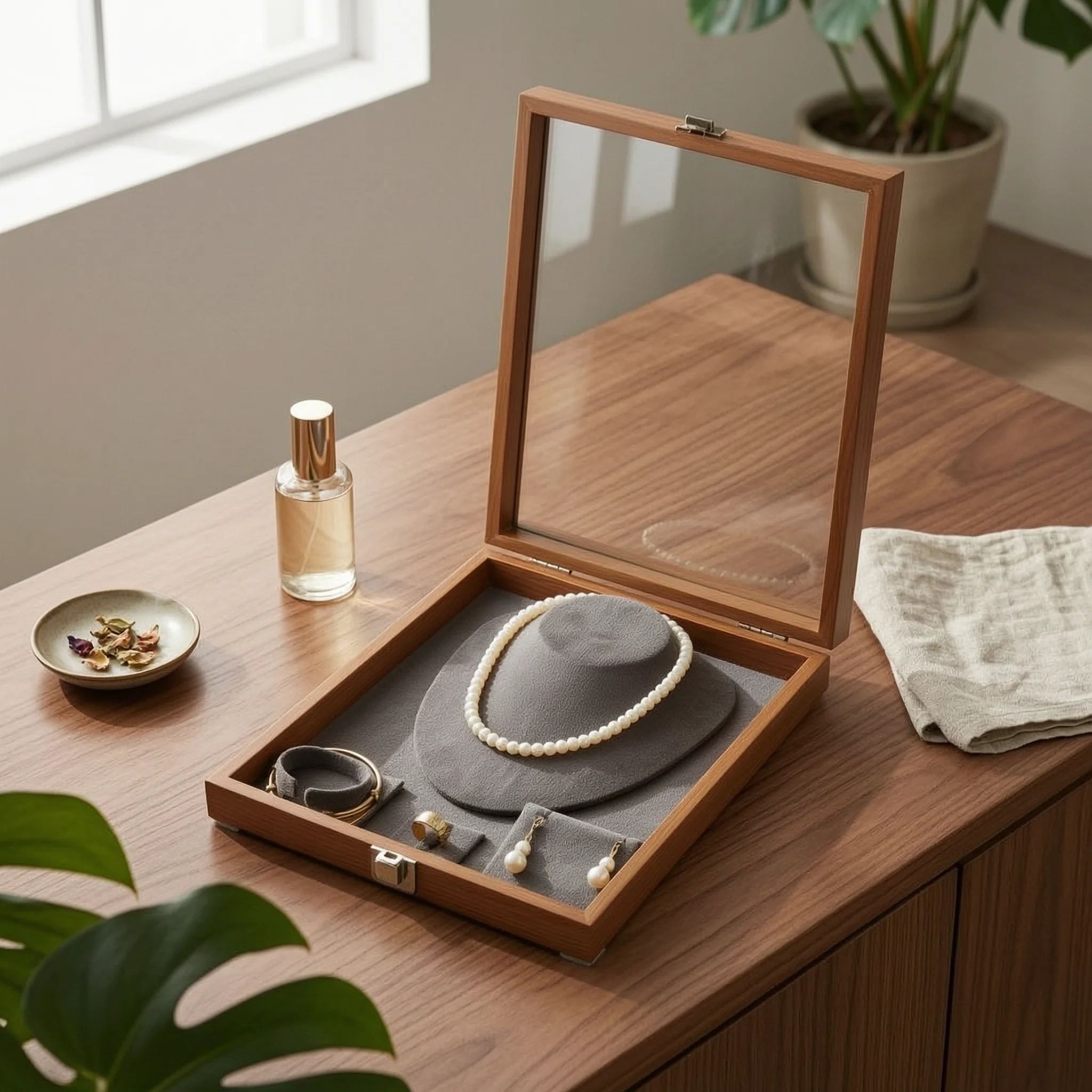 

Glass Lid Jewelry Box Metal Latch Velvet Lined Jewelry Box Storage Item Wood Grain Removable Compartments