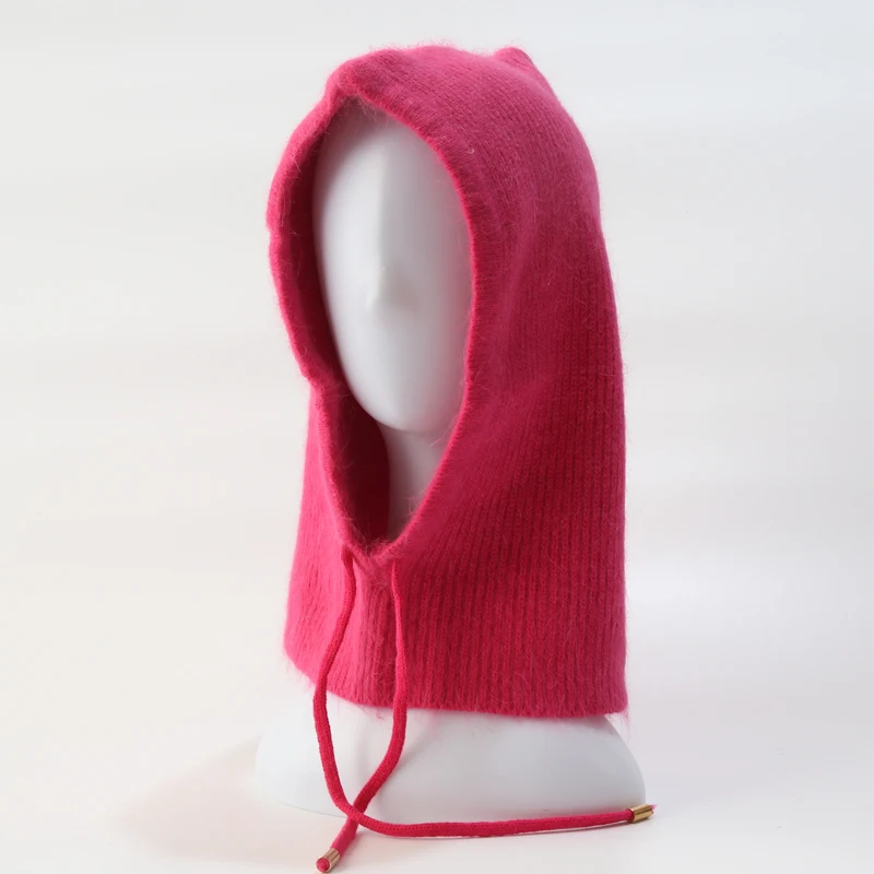 Kaninchen haar gestrickt Schal Kapuze Hut Frauen Kaschmir Mützen warmen Winter Unisex Sturmhaube Lätzchen Skifahren Outdoor Wolle Motorhaube