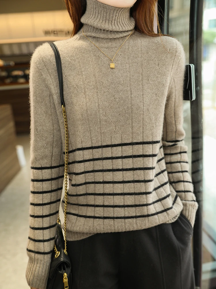 Prosty styl golf w paski jednokolorowy sweter w kratkę wiosna jesień 100% wełna merynosów dzianina damski sweter wygodne topy