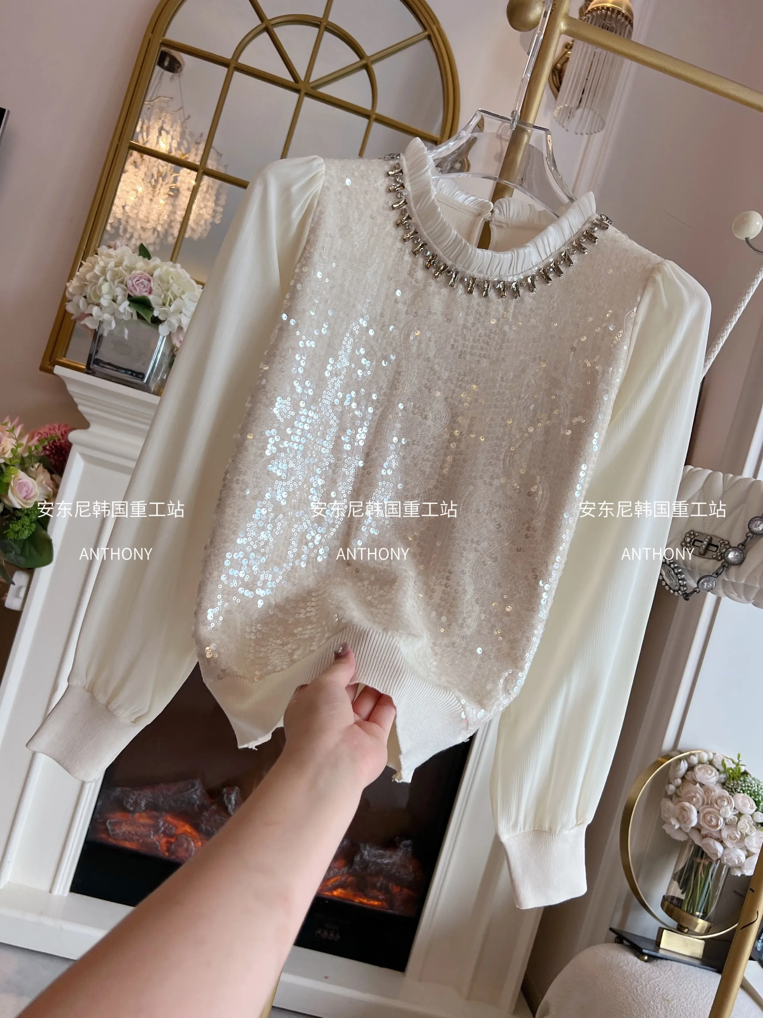Heavy Industry Diamond Sequined Blouse Chiffon Long Sleeve Round Collar White Knitted Pullover for Women Versatile Shirt Tops