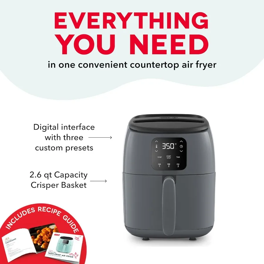 タスティクリスプ 電気エアフライヤーオーブン 2.6クォート 数分でより健康的な食事を実現するグレーのコンパクトエアフライヤー 小さなスペースにも最適 特徴