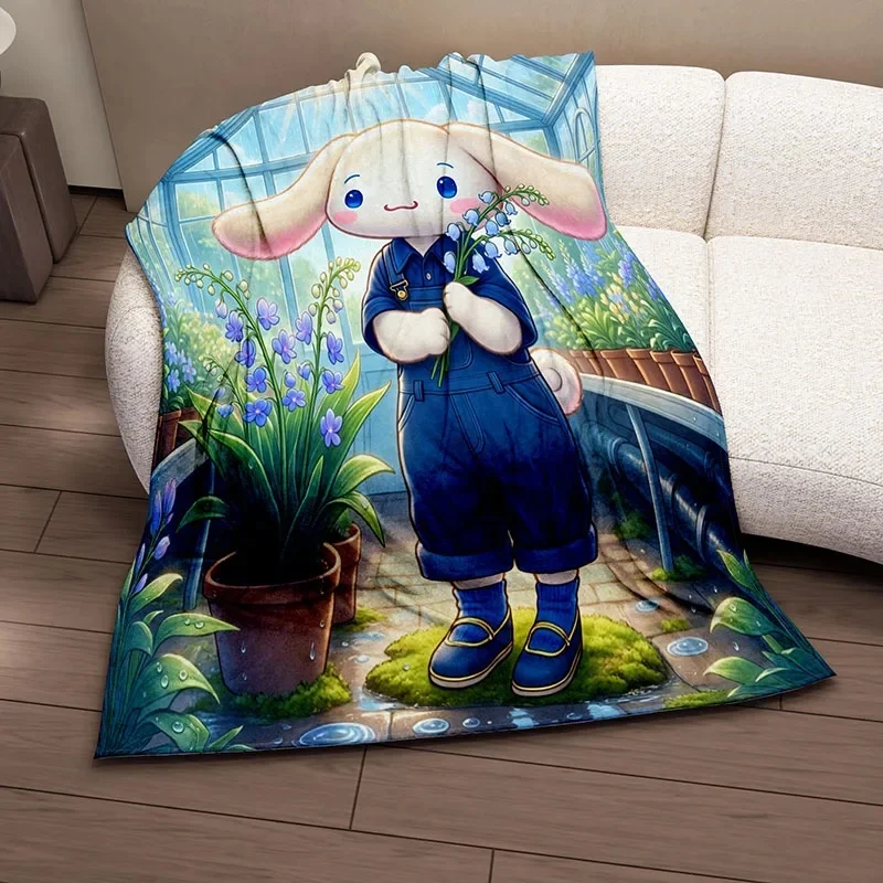 Cinnamoroll Flannel Blanket Purple Bellflower & Dewy Moss Print, Plush Throw Blanket Blue Overalls Cinnamoroll For Sofa Bed