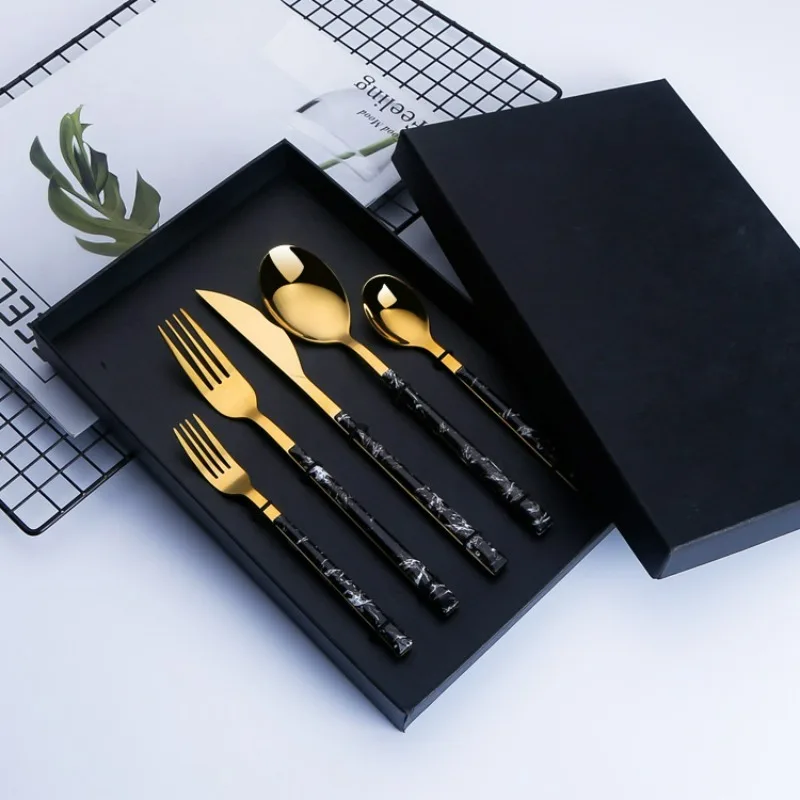 Kitchen Supplie Stainless Steel Marbled Wood Handle Knife, Fork and Spoon 5 Piece Deluxe Premium Steak and Dessert Cutlery Set