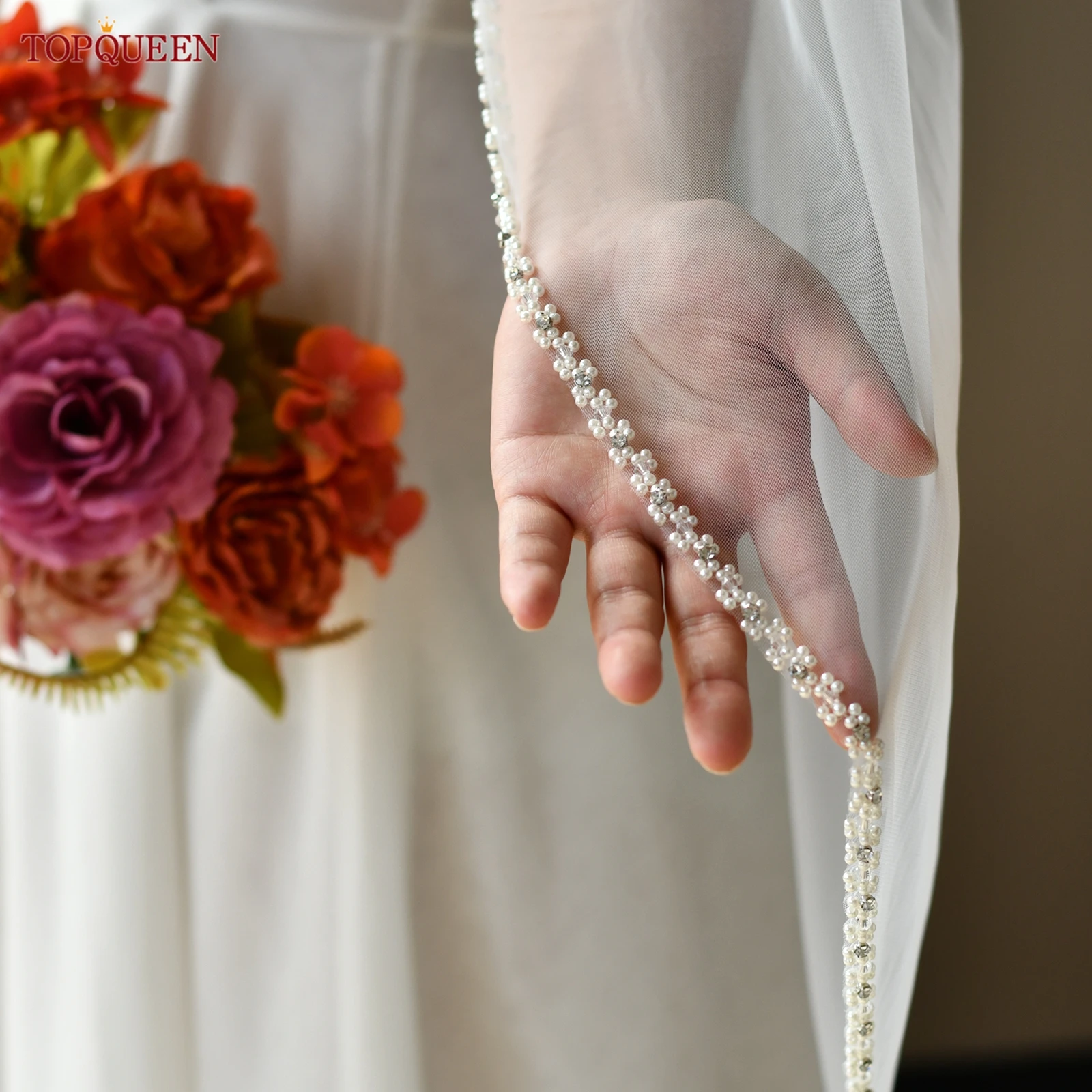 

TOPQUEEN Свадебная фата с кристаллами и бисером по краям, соборная свадебная фата, свадебная фата с кристаллами и бисером, 1-слойная, настраиваемая V196