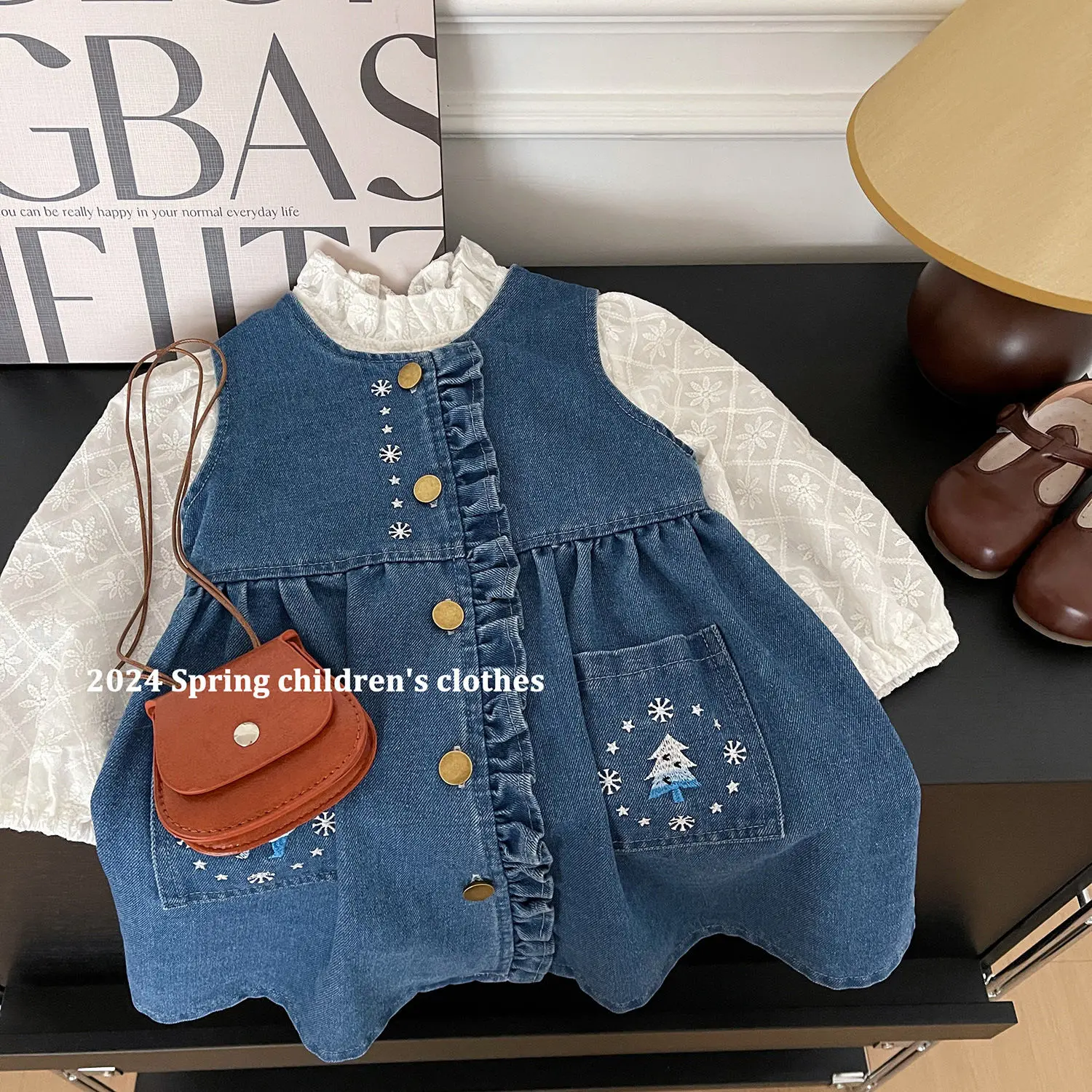Girls Stand Up Collar Shirt Embroidered Denim Vest Dress Set Spring Autumn 2025 New Comfortable Countryside Style Two-piece Set
