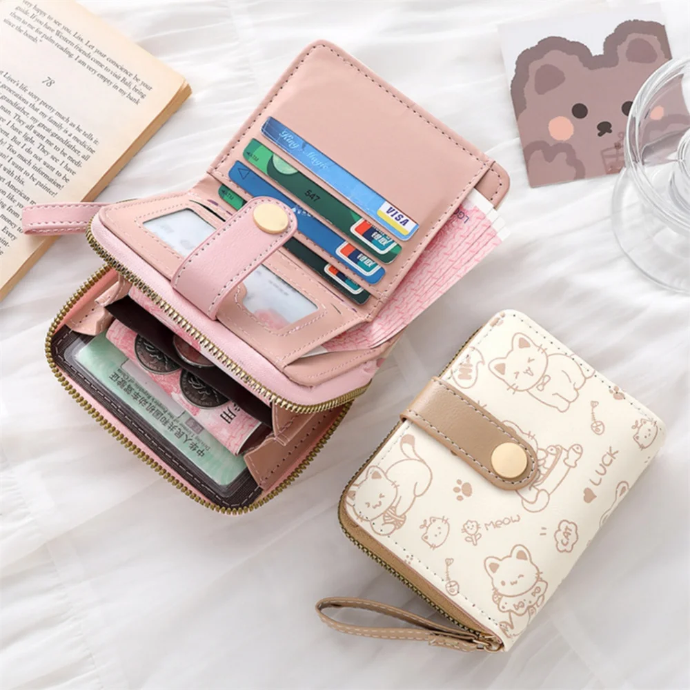 

Fashion Cute Cat Short Wallet For Girls Women Zipper Student ID Bank Card Holder Printed Money Bag Key Storage Purse Coin Pouch