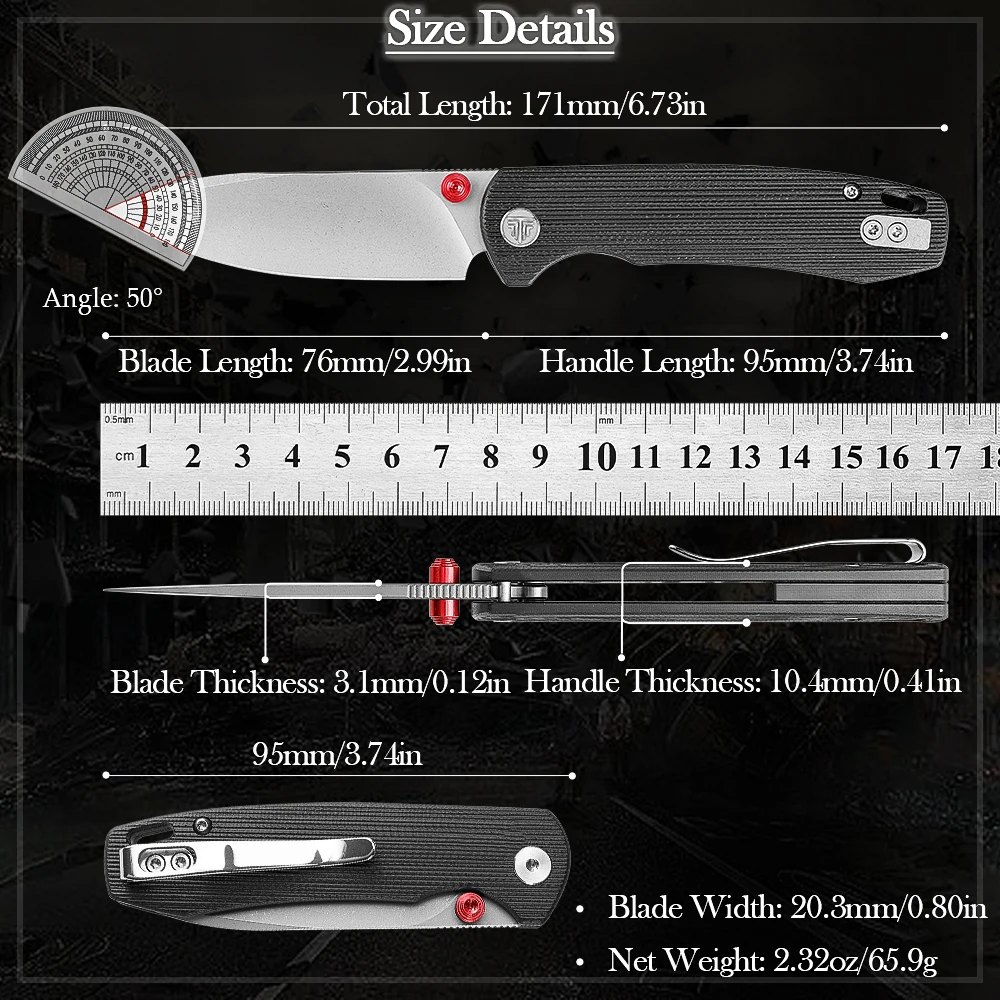 TRIVISA Folding Knife for Men, 3.74" G10 Handle, Compact Outdoor Knife for Camping Hunting Hiking, with Gift Box, Dragonfly-B - view 6