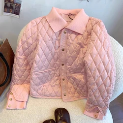 Winter Cotton Pink Jacket Lightweight Diamond grid Parka autumn Long Skeeve Fashion Simple and high-end casual Coat Outerwear