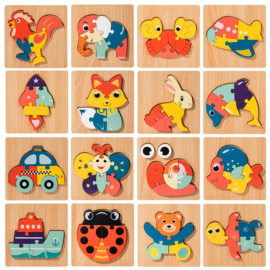 High Quality 3D Wooden Puzzle Baby Cartoon Animal Traffic Jigsaw Early Learning Cognition Game Puzzle Toys for Children