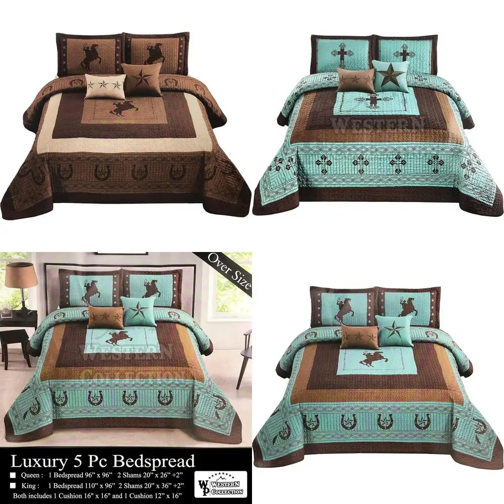 

Luxury Western Stars and Horses Cowboy Quilt Set with Oversized Comforter and Cushions for Home