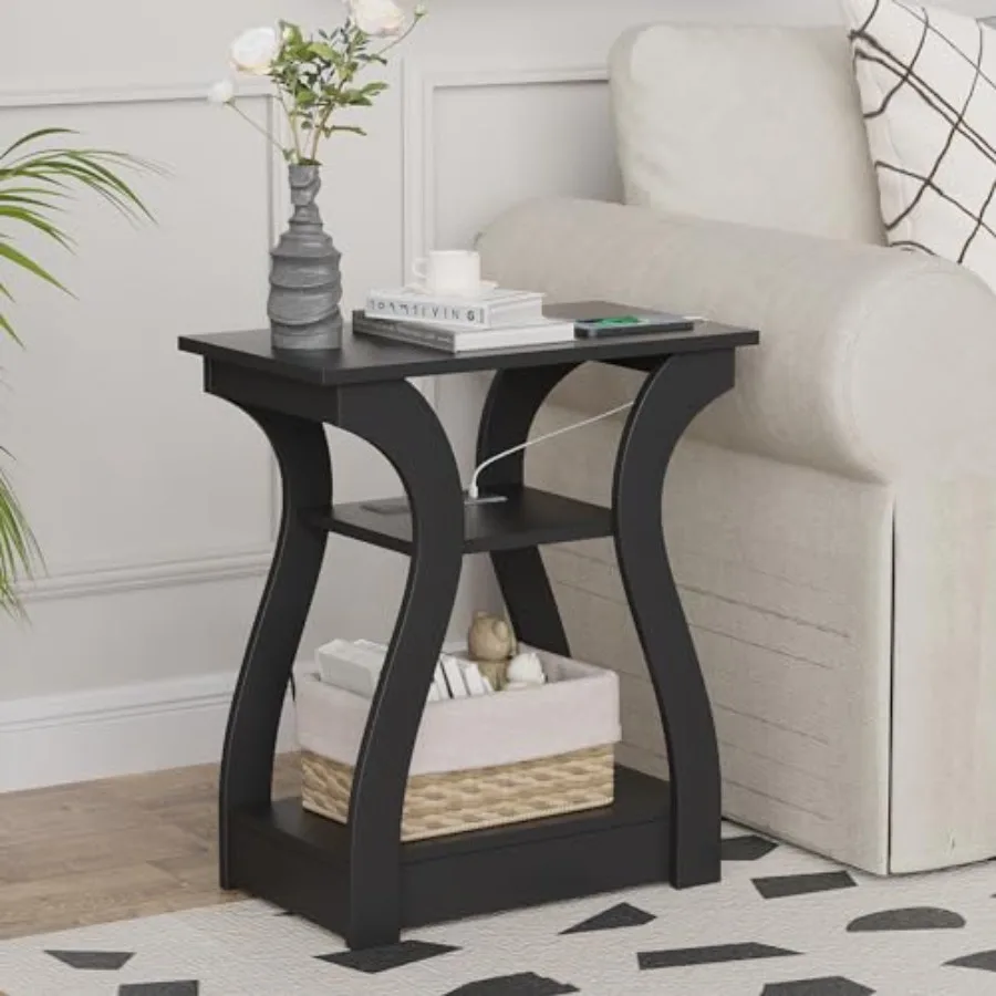 

End Table with Charging Station, Side Table with USB Ports and Outlets, Nightstand, 3 Tier End Table with Storage Shelf for Liv