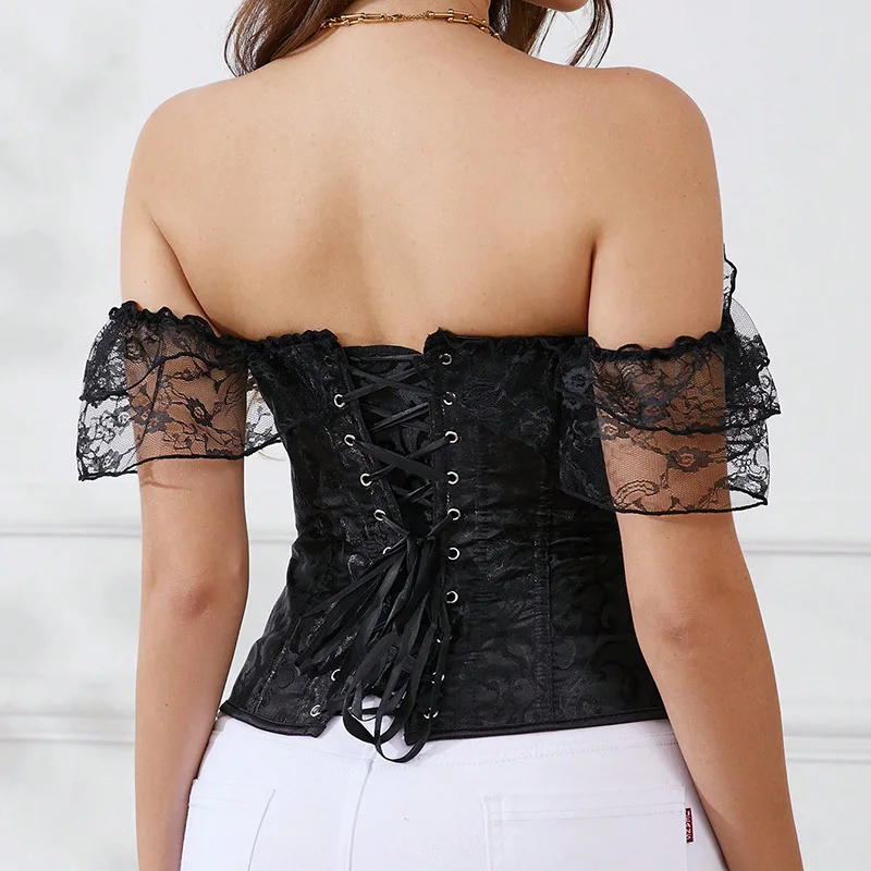 Women's Lace Off-Shoulder Corset Top - Vintage Overbust Bustier Tummy Control Shapewear Lace Up Bustier Camisole Outerwear