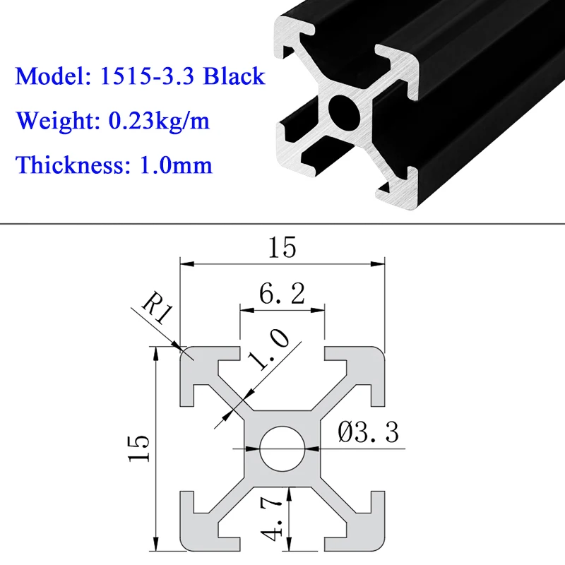 1PC BLACK 1515  Aluminum Profile Extrusion European Standard Anodized 100mm-800mm Length Linear Rail 15*15 for CNC 3D Printer