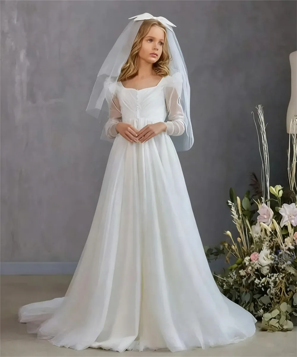

Elegant White Flower Girl Dress For Wedding Pearls Long Sleeve Kids Birthday Gift Party First Communion Ball Gown Customized
