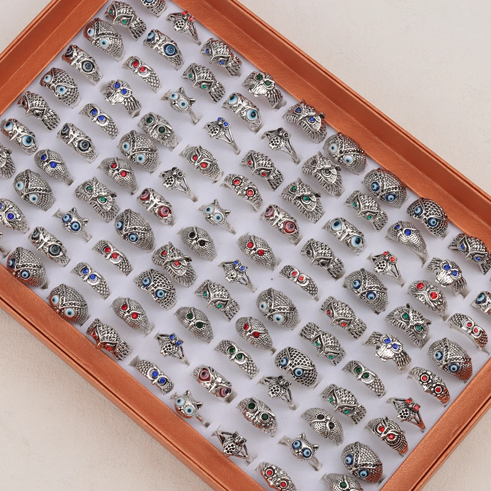 Wholesale Mix Styles 20Pieces/Lot Crystal Eyes Vintage Cute Owl Animal Rings for Man and Women Punk Hot Jewelry 2024