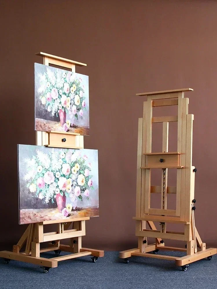 Beech easel for art students Log color Walnut multi-functional flat lifting easel