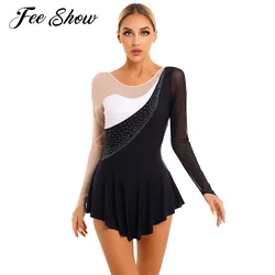 Womens Figure Skating Dress Performance Costumes Sparkling Rhinestone Color Block Sheer Mesh Long Sleeve Leotard Dress Dancewear