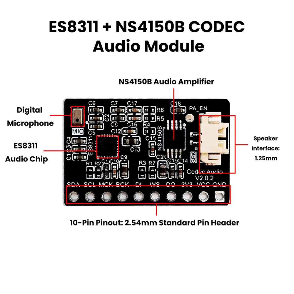 High Integration ES8311 Audio Module with NS4150B 3W Amp Dual Chip Support Built-in & External Mic for ESP32 Series