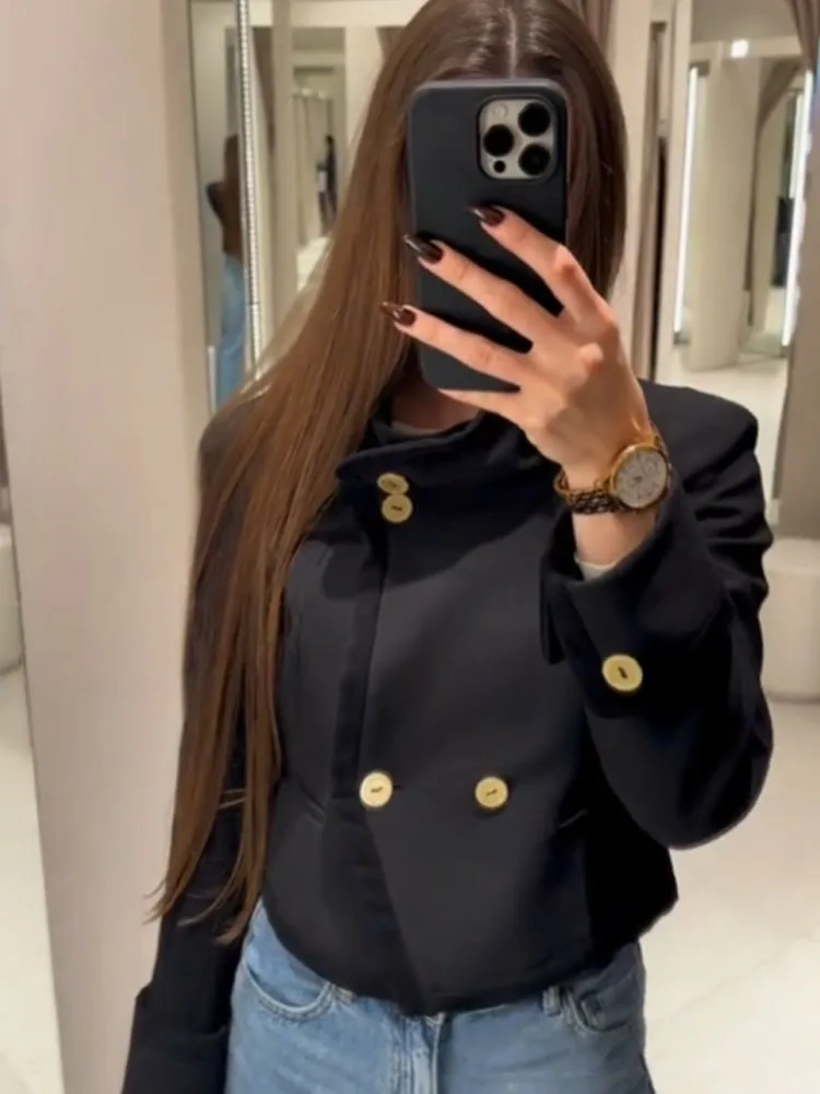 

Женский модный ретро-жакет HH с воротником-стойкой, универсальный, с золотой пряжкой, короткий блейзер, повседневная куртка с длинным рукавом для города и офиса