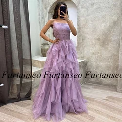 Lilac Party Dresses Prom Gown Strapless Sleeveless Top Pleat Beadings Ruffles Tulle A Line Woman Evening Dress for Weddings
