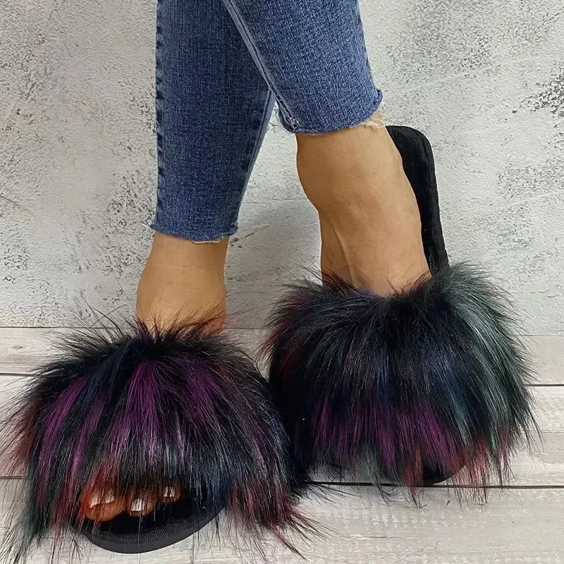 Fashion Leisure Slippers Women New Slides Casual Flat Low Heels Shoes for Women Solid Mixed Colors Furry Fur Slippers Plus Size