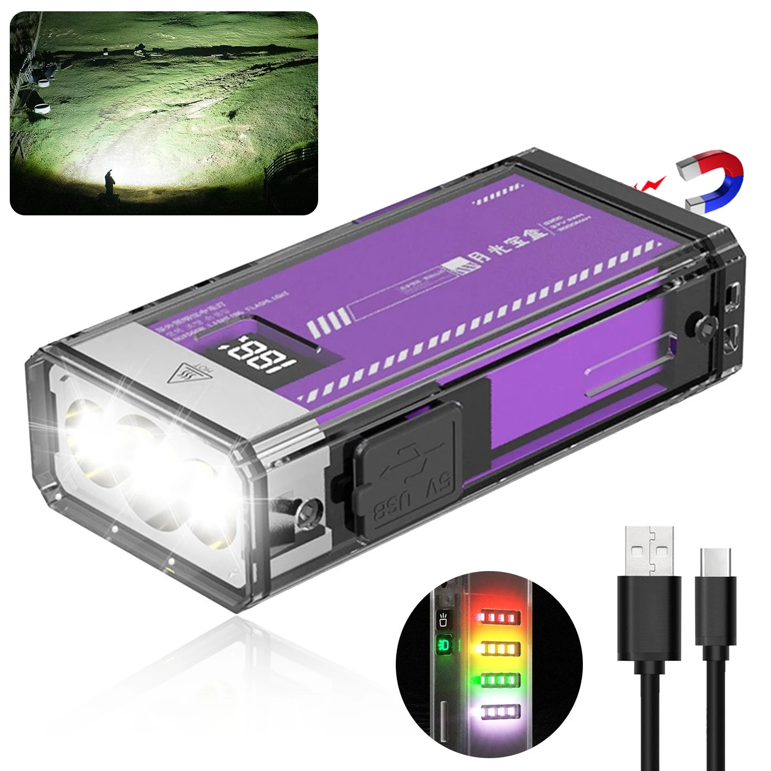 

3600LM Rechargeable Flashlight, 4-in-1 LED Torch (UV/Red/Warm/Green Light), 3000mAh Power Bank, Magnetic Base for Camping Hiking