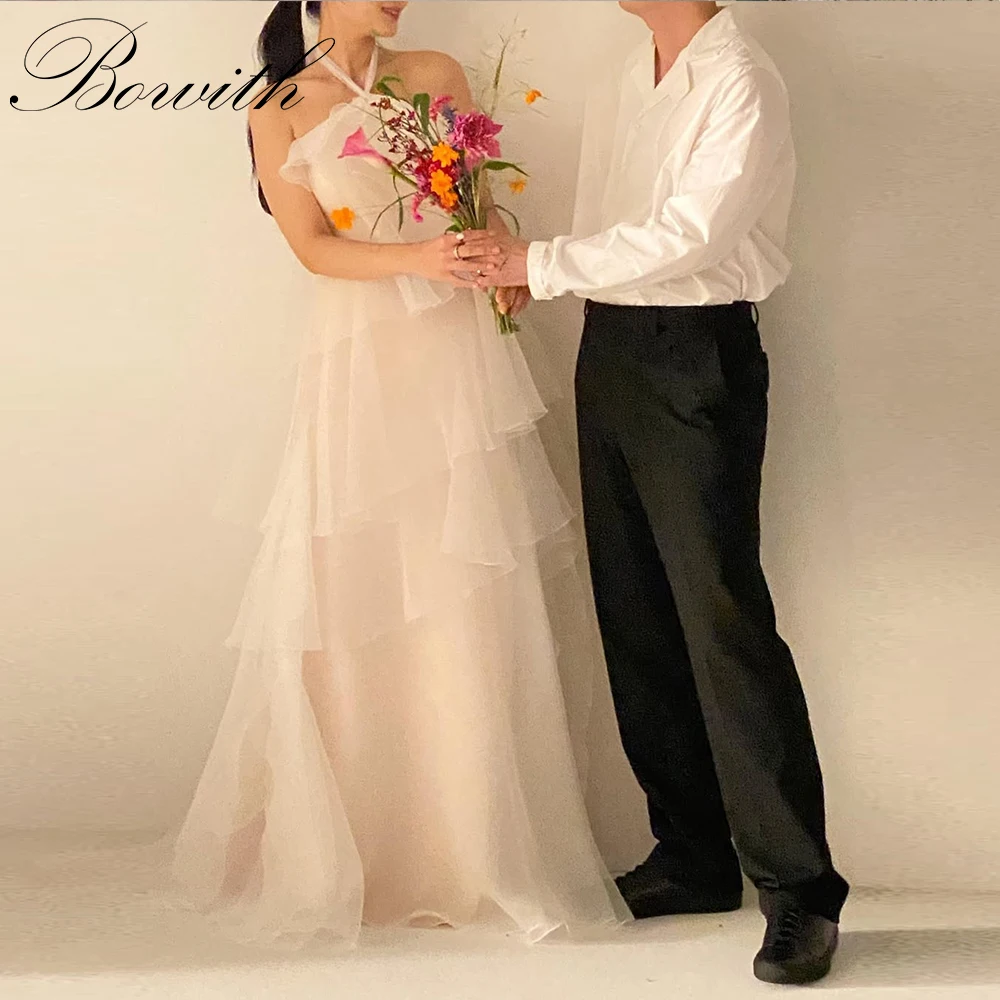 

Bowith Halter Korean Wedding Dresses A-line Draped Tiered Bridal Gown Customized Lovely Evening Party Dresses Photo Shoot Dress