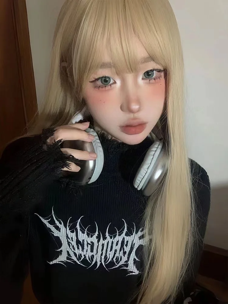 Women Printed Hole Tassel Knitted Sweater Korean Fashion Harajuku Long Sleeve Jumper Tops Y2k Streetwear Punk Gothic Pullovers