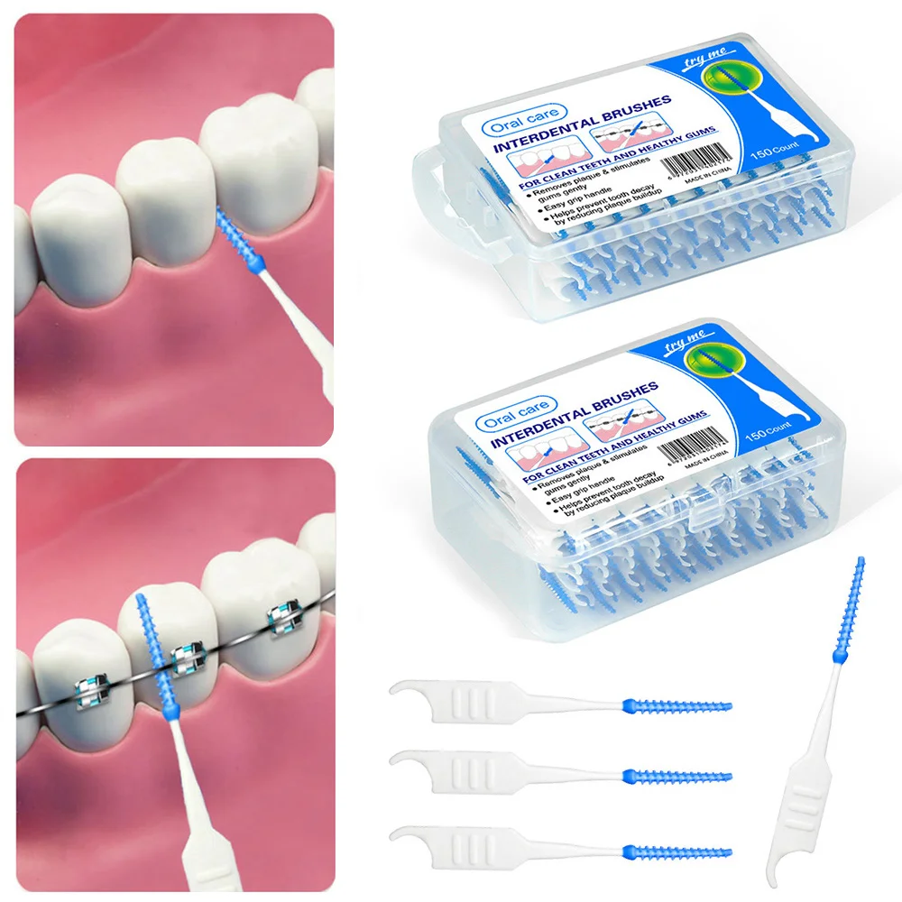 150pcs/box Interdental Brushes Orthodontic Toothpick Oral Brace Cleaning Dental Floss Oral Hygiene Soft Elastic Silicone Brushes