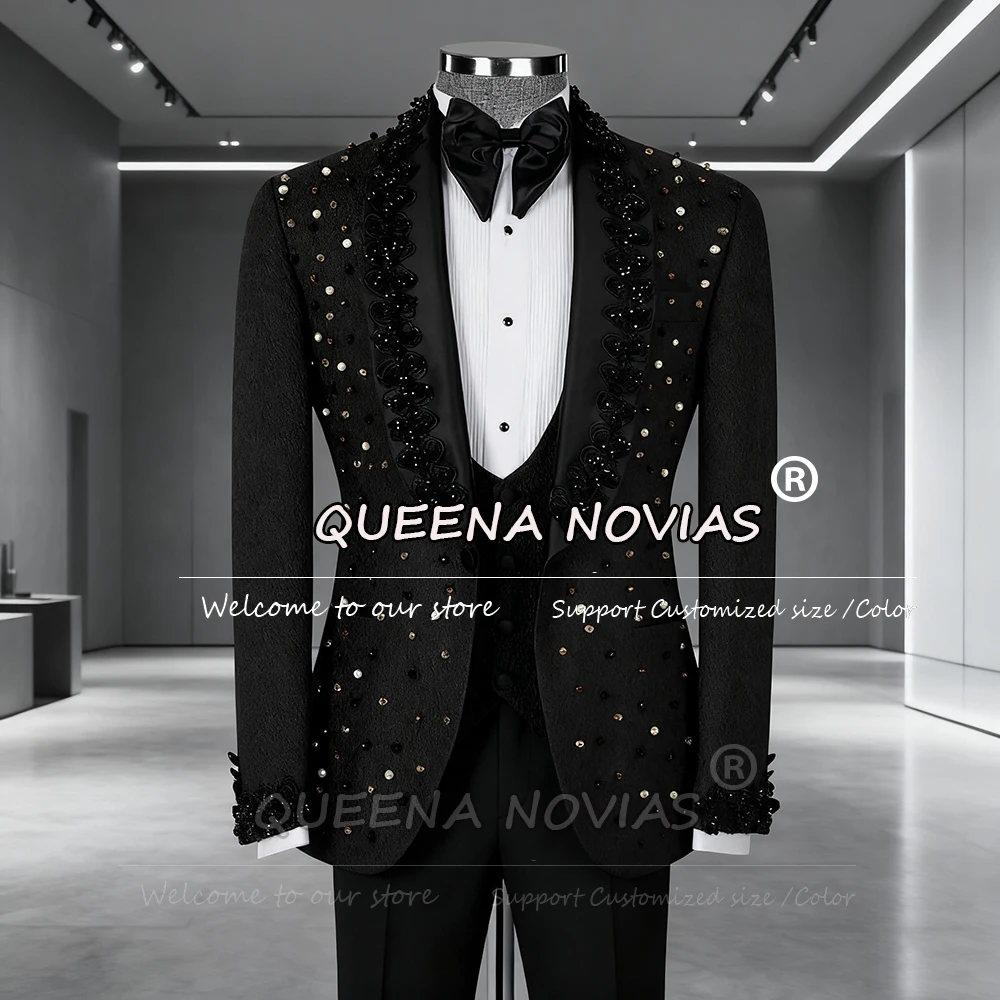 

Luxury Crystals Beaded Suits Men For Wedding 3 Pieces Sets Shawl Lapel Floral Prom Blazers Customized Man Business Party Tuxedos