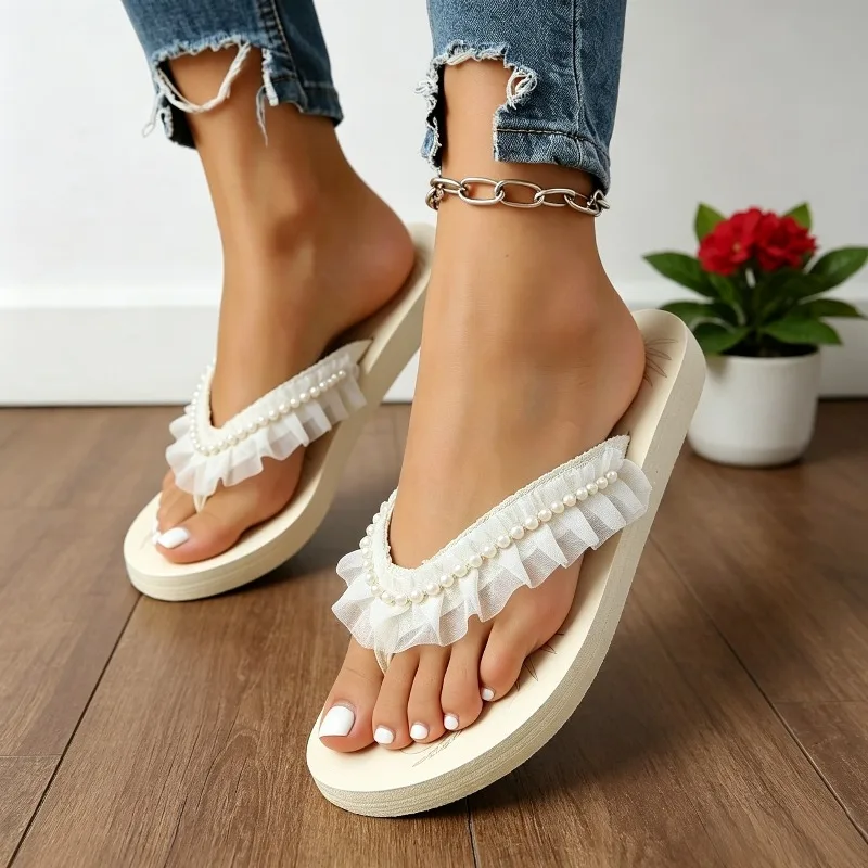 Flip-on Slippers for Women 2026 New Summer Platform Clip-in Pearl Non-slip Beach Shoes