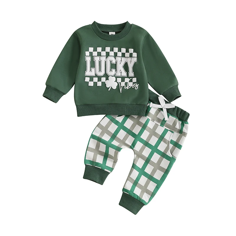 Baby Boys Pants Set Long Sleeve Crew Neck Letters Shamrock Print Sweatshirt with Plaid Sweatpants Infant Clothes