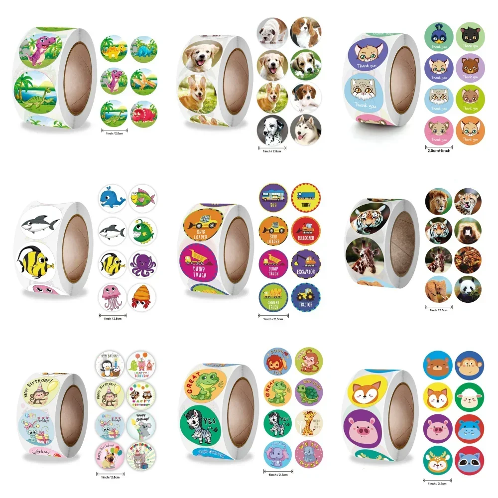 100/500pcs/ roll 1 inch zoo Animals Cartoon Stickers for kids classic toys sticker Labels School Teacher Supplies Reward Sticker