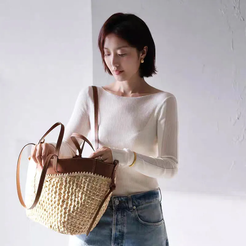 Französische Handgewebte Damen-Tragetasche Große Gemüsekorb-Tasche mit Lässiger Innentasche zum Einkaufen Schulter- und Unterarm-Tragetasche – Detail 16
