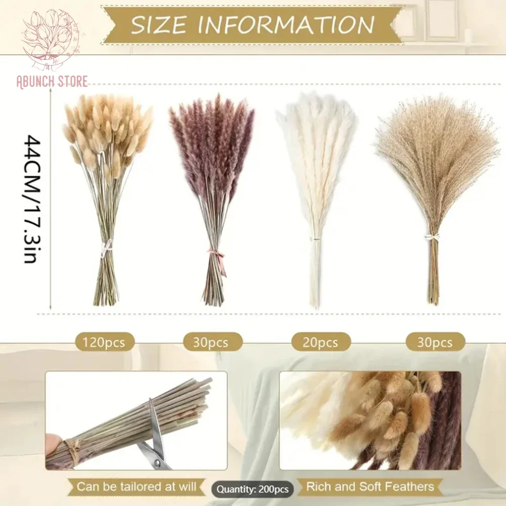 200Pcs Big Bundle Dried Flowers Bouquet Natural Reed Pampas Grass for Vase Decor Country Wedding Boho Home Party Garden Supplies