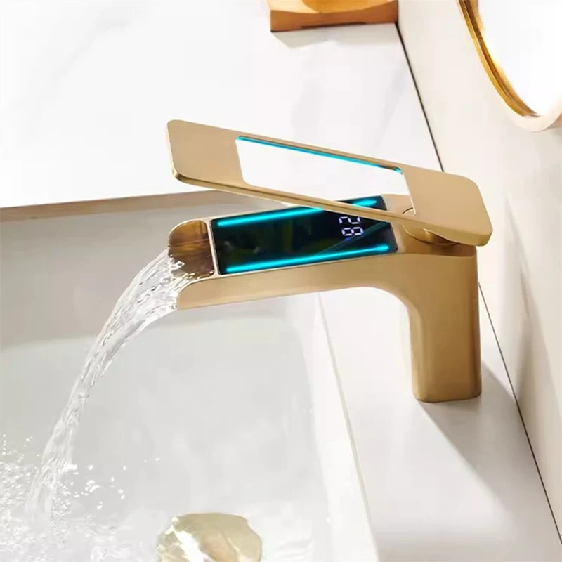 

Brushed Gold Brass Mixer,Basin Fcucets,Hot & Cold Sink Waterfall Tap,with LED Temperature Display,Single Handle,Deck Mounted,New