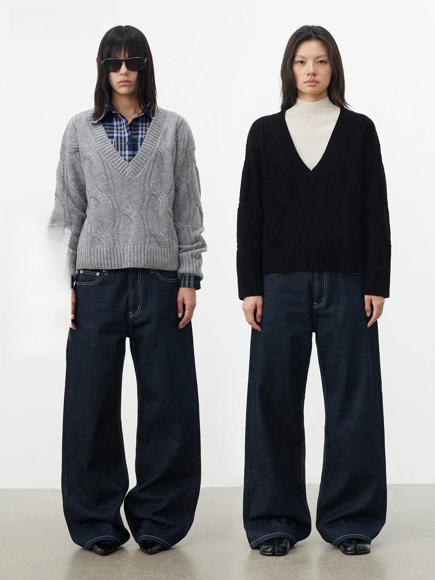 

Теплый вязаный свитер из 100% шерсти с V-образным вырезом, свободного кроя, черный цвет, осень-зима