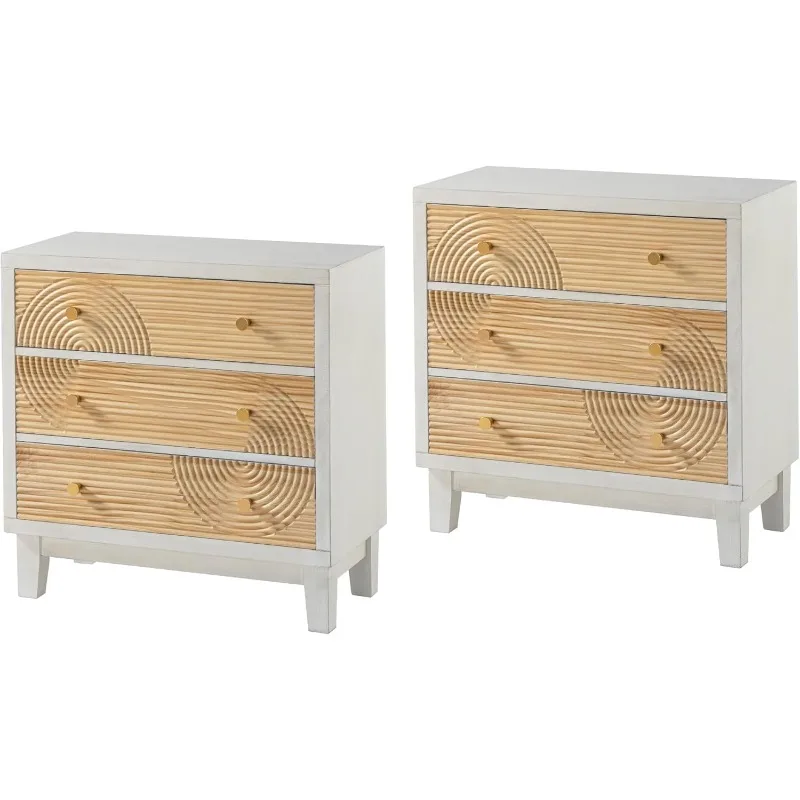 3-Drawer White Dresser X2 with Handicraft Wood Ring Motif, Fully Assembled Nightstand Wooden Finish