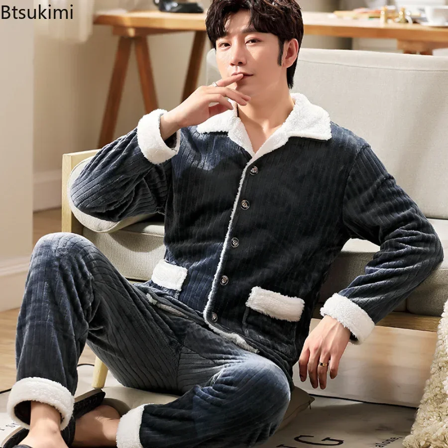 2026 Autumn Winter Thicken Flannel Pajamas Men Red Pyjamas Set Long Sleeve Sleepwear Pajamas Suit Male Sleep 2PC Set Loungewear
