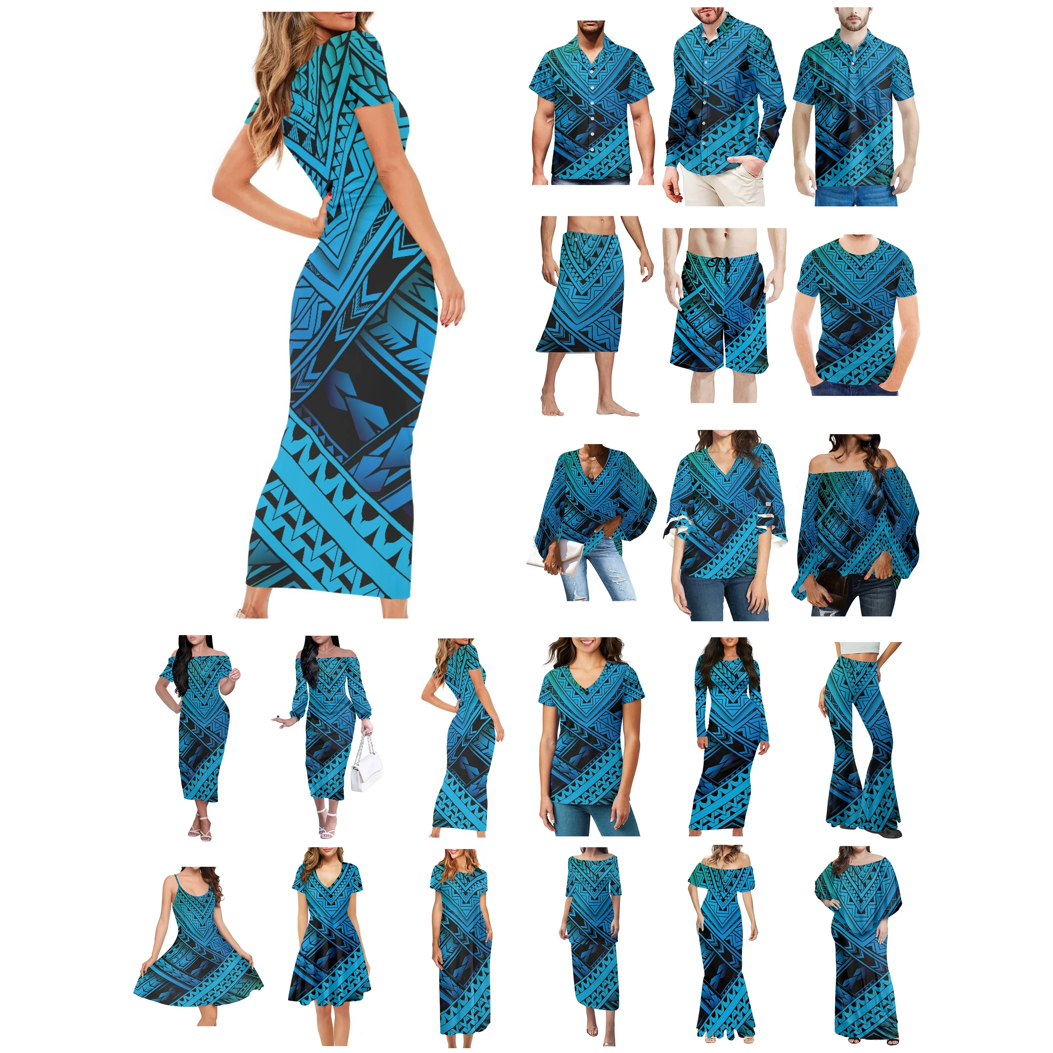 Polynesian Tonga Hawaii Fiji Guam Samoa Pohnpei Tribal Tattoo Prints Clothes Women Dress Matching Men Shirt Blue Lovers Clothes