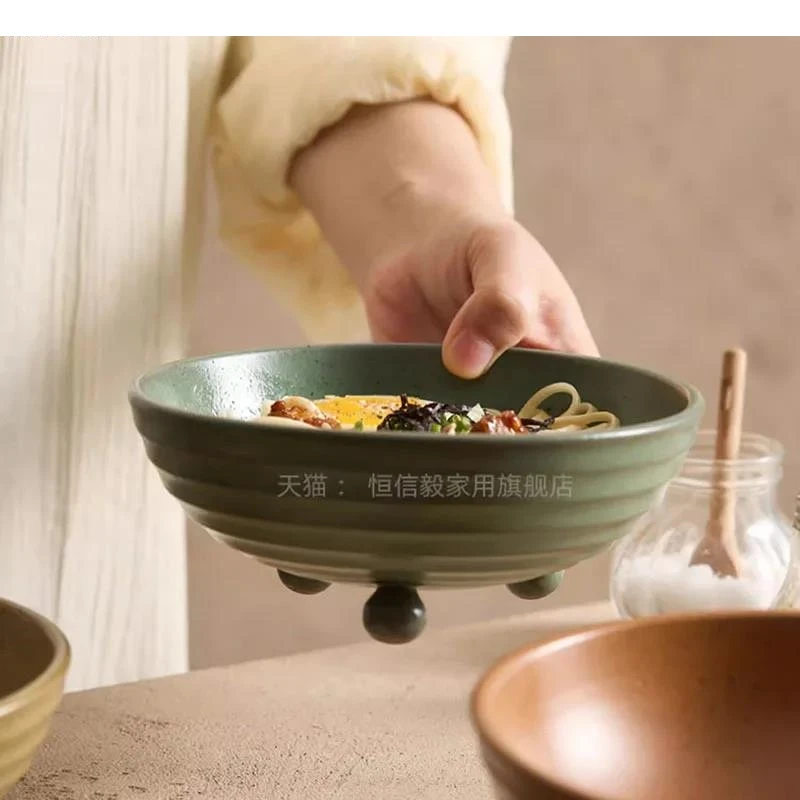 Screw Thread Ceramic Three Legged Bowl Dessert Thick Soup Pasta Bowls Fruit Salad Special Tableware