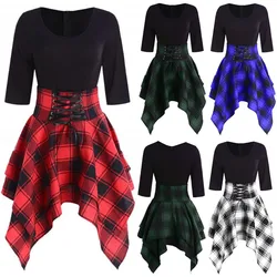 Abiti di moda per le donne Casual O-Collo Abito con lacci Gothic Tartan Plaid Stampa Mini abito asimmetrico Жakiе плаokubе 2022 Nuovo