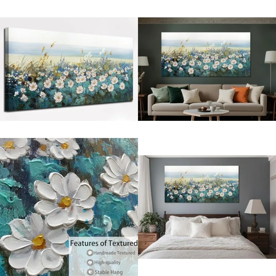 

Flower Wall Art for Living Room, Teal Bedroom Canvas Daisy Floral Painting Landscape Picture Artwork Extra Large Textured Office Home Dining Room Kitchen Wall Decor 58"x29"