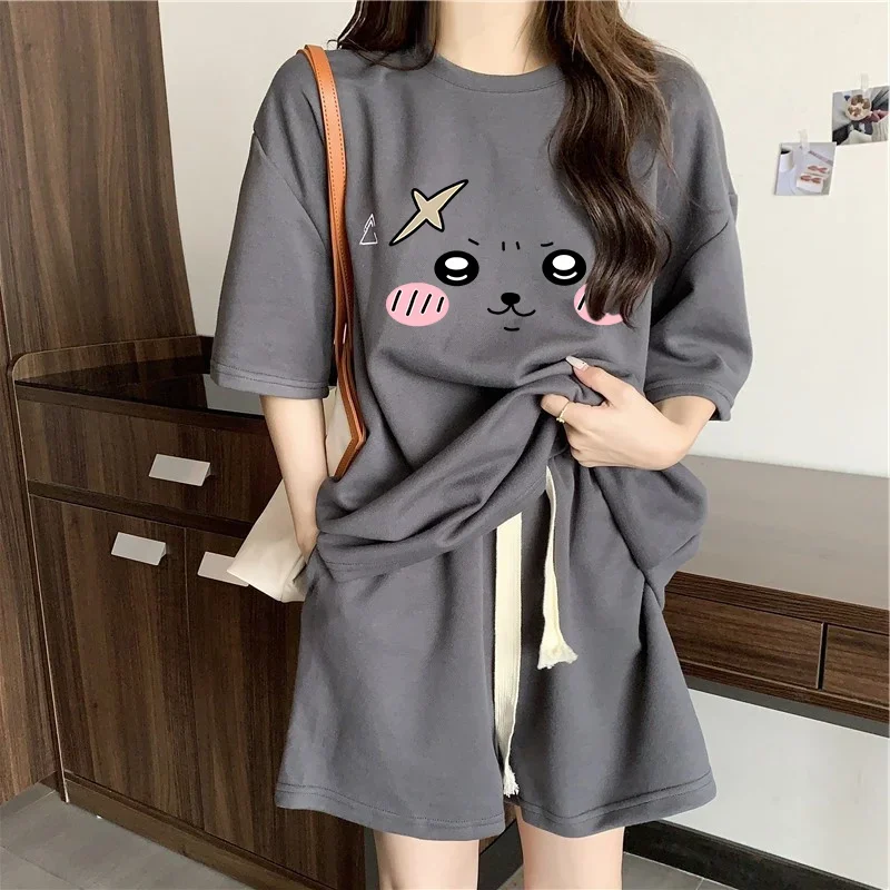 Футболка с милым мультяшным принтом, повседневные шорты с коротким рукавом, Повседневная Свободная одежда, модная Корейская версия, Топ